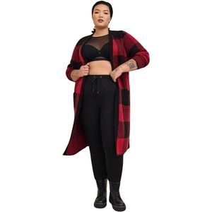 Torrid Plus Red Plaid Jacquard Duster Maxi Sweater Open Front Warm